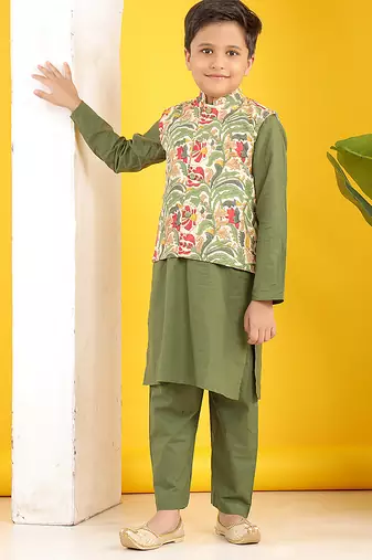 Beige multicolor floral printed cotton nehru jacket with olive green kurta pajama set