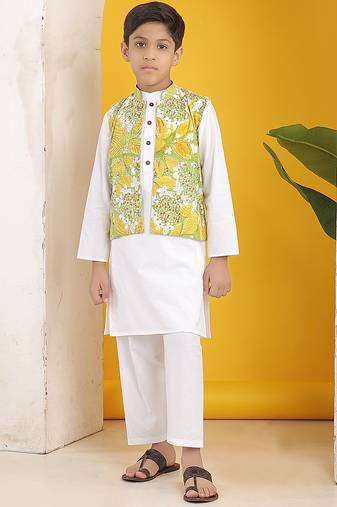 Yellow green floral printed cotton nehru jacket with white kurta pajama set