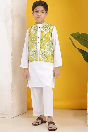 Yellow green floral printed cotton nehru jacket with white kurta pajama set