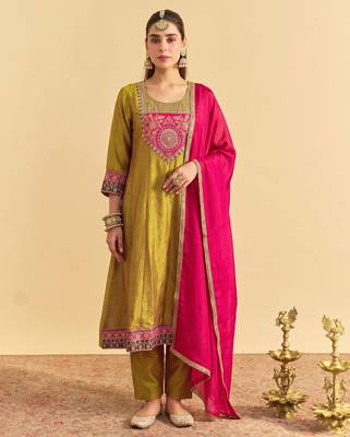Women's Gorgeous Embroidery Work Vichitra Silk Fabric Flared Kurta Pant and Dupatta Set 1