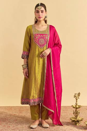 Women's Gorgeous Embroidery Work Vichitra Silk Fabric Flared Kurta Pant and Dupatta Set