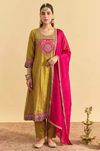 Women's Gorgeous Embroidery Work Vichitra Silk Fabric Flared Kurta Pant and Dupatta Set