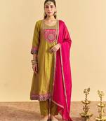 Women's Gorgeous Embroidery Work Vichitra Silk Fabric Flared Kurta Pant and Dupatta Set