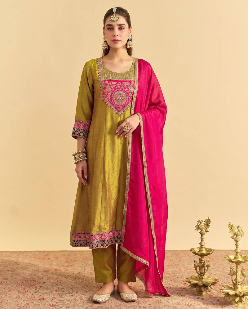 Women's Gorgeous Embroidery Work Vichitra Silk Fabric Flared Kurta Pant and Dupatta Set