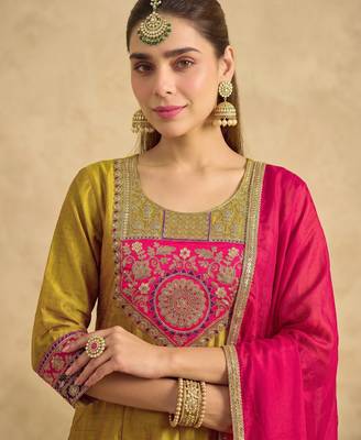 Women's Gorgeous Embroidery Work Vichitra Silk Fabric Flared Kurta Pant and Dupatta Set 2