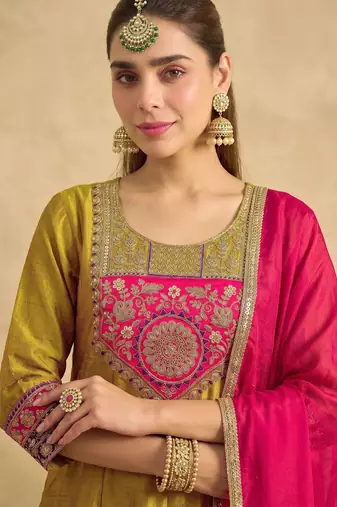 Women's Gorgeous Embroidery Work Vichitra Silk Fabric Flared Kurta Pant and Dupatta Set