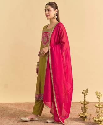 Women's Gorgeous Embroidery Work Vichitra Silk Fabric Flared Kurta Pant and Dupatta Set 3