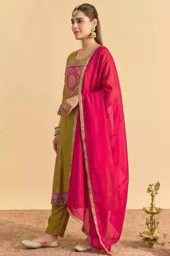 Women's Gorgeous Embroidery Work Vichitra Silk Fabric Flared Kurta Pant and Dupatta Set