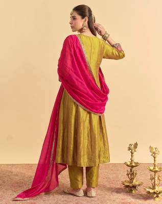 Women's Gorgeous Embroidery Work Vichitra Silk Fabric Flared Kurta Pant and Dupatta Set 4