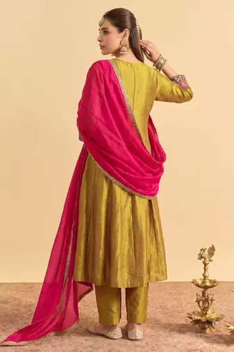 Women's Gorgeous Embroidery Work Vichitra Silk Fabric Flared Kurta Pant and Dupatta Set