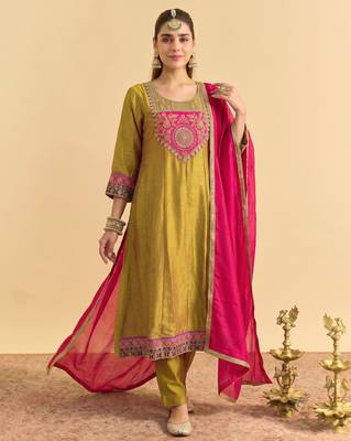 Women's Gorgeous Embroidery Work Vichitra Silk Fabric Flared Kurta Pant and Dupatta Set 5
