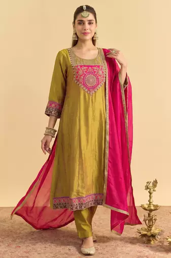 Women's Gorgeous Embroidery Work Vichitra Silk Fabric Flared Kurta Pant and Dupatta Set