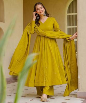 Women's Gorgeous Embroidery Work Viscose Chanderi Fabric Flared Anarkali Palazzo and Dupatta Set 1