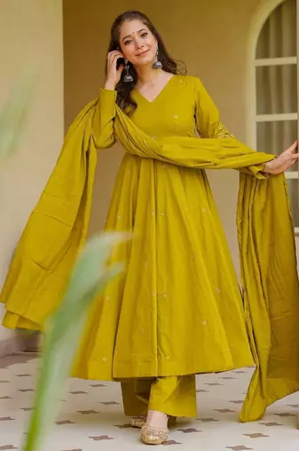 Women's Gorgeous Embroidery Work Viscose Chanderi Fabric Flared Anarkali Palazzo and Dupatta Set