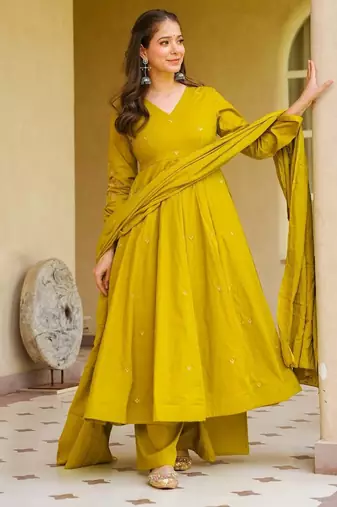 Women's Gorgeous Embroidery Work Viscose Chanderi Fabric Flared Anarkali Palazzo and Dupatta Set