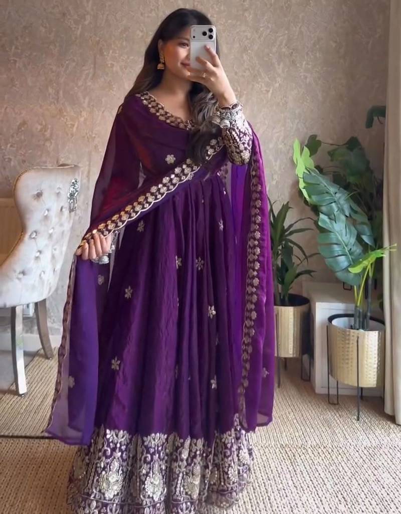 Purple anarkali suit with sequins thread work