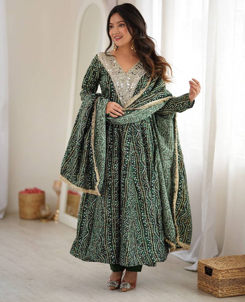 Green rayon gown with mirror embroidery set