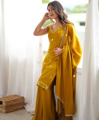 Mustard yellow roman silk blend palazzo suit with foil work suit set 1
