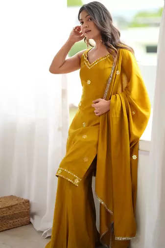 Mustard yellow roman silk blend palazzo suit with foil work suit set