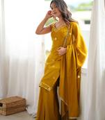 Mustard yellow roman silk blend palazzo suit with foil work suit set