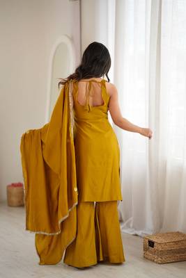 Mustard yellow roman silk blend palazzo suit with foil work suit set 2