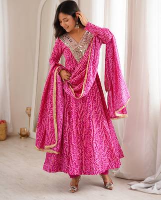 Pink rayon gown with mirror embroidery set 1