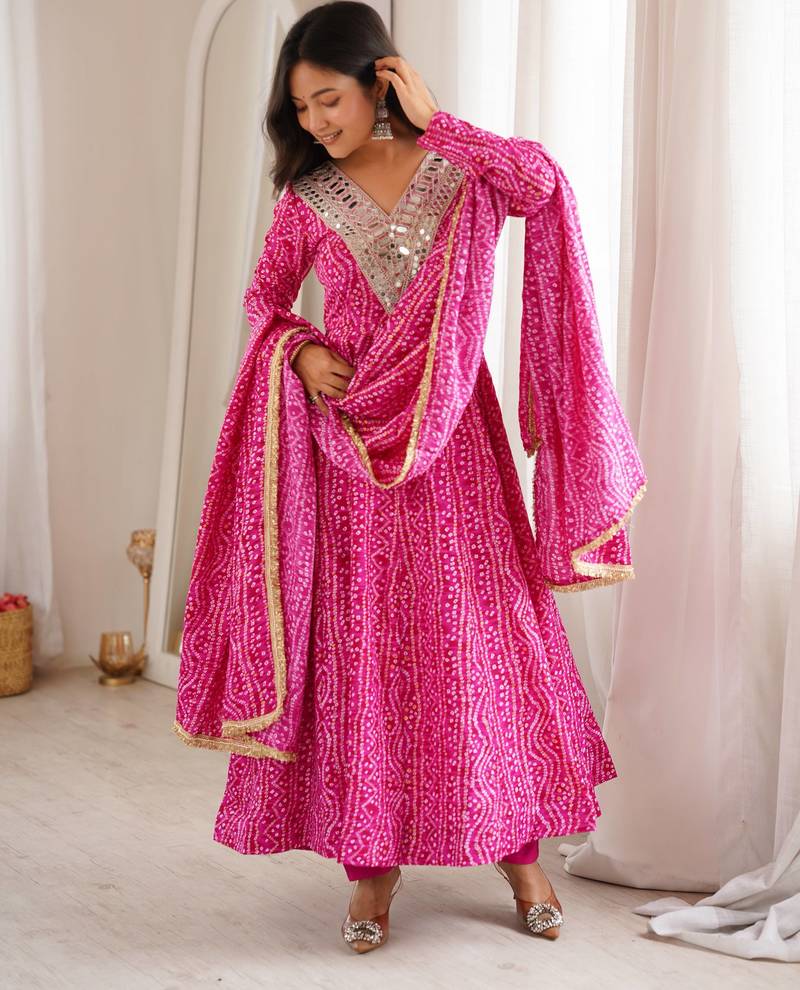 Pink rayon gown with mirror embroidery set