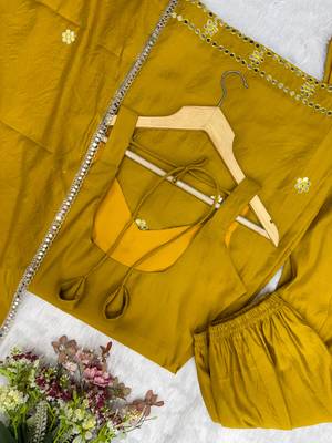 Mustard yellow roman silk blend palazzo suit with foil work suit set 4