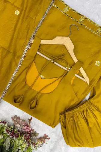 Mustard yellow roman silk blend palazzo suit with foil work suit set