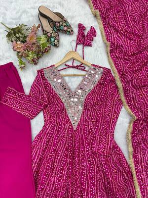 Pink rayon gown with mirror embroidery set 3