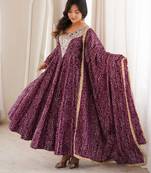 Plum rayon gown with mirror embroidery set