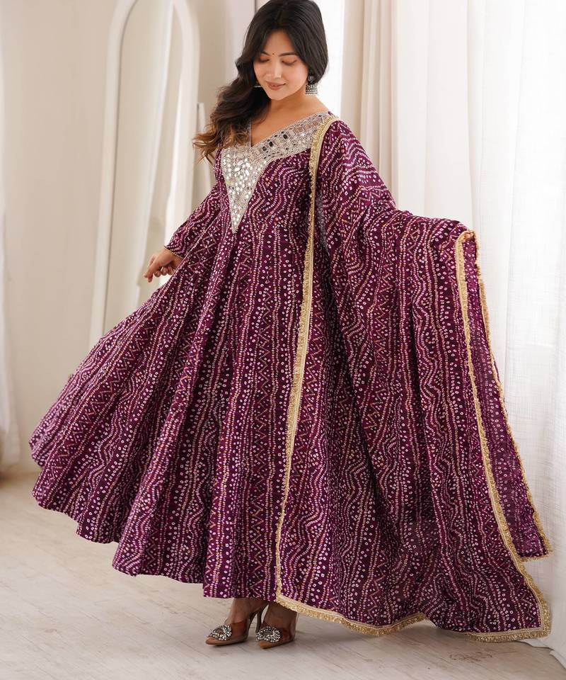Plum rayon gown with mirror embroidery set