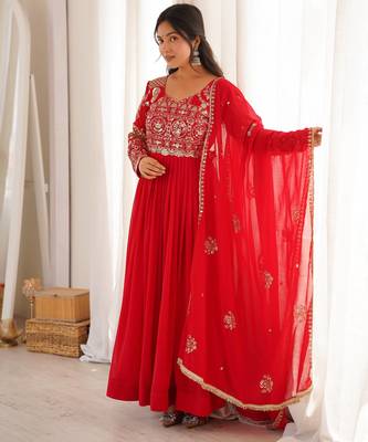 Red blooming georgette sequin embroidery gown set 1