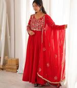 Red blooming georgette sequin embroidery gown set
