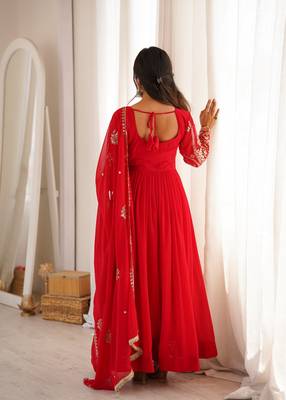 Red blooming georgette sequin embroidery gown set 2
