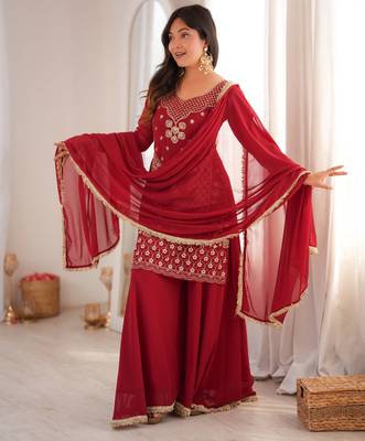 Maroon georgette palazzo suit with sequin embroidery 1