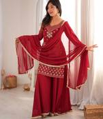 Maroon georgette palazzo suit with sequin embroidery