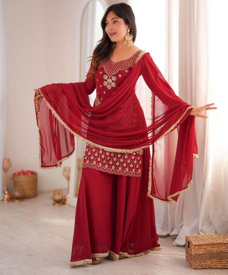 Maroon georgette palazzo suit with sequin embroidery