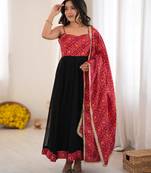 Black rayon bandhani gown with blooming georgette, suit set