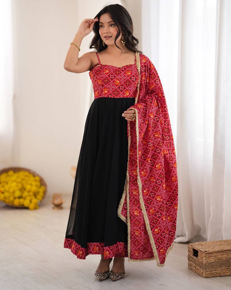 Black rayon bandhani gown with blooming georgette, suit set