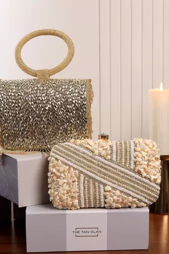 Golden flap bag and embellished silver clutch combo