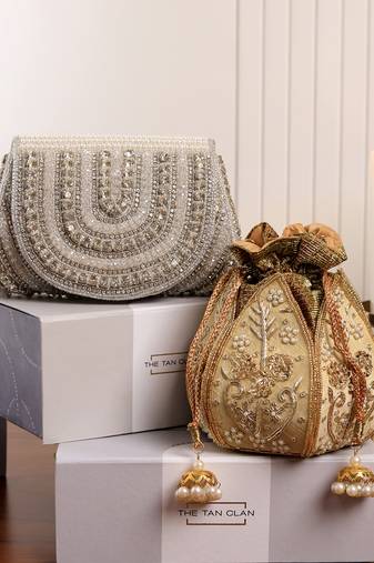 White suede flap bag and golden lotus polti bag combo