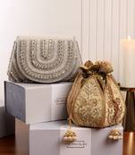 White suede flap bag and golden lotus polti bag combo