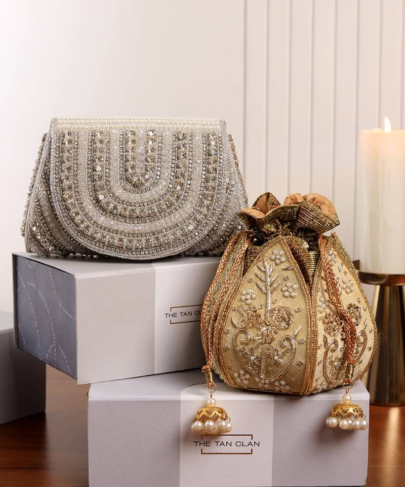 White suede flap bag and golden lotus polti bag combo