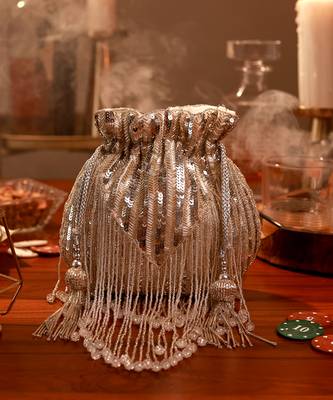 Gold mother of pearl clutch and silver potli bag combo 4