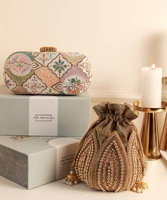 Multicolor long clutch and black mini lotus potli navratri combo 1