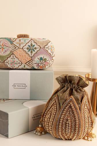 Multicolor long clutch and black mini lotus potli navratri combo