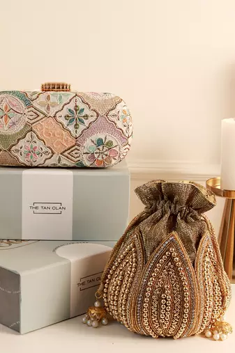 Multicolor long clutch and black mini lotus potli navratri combo