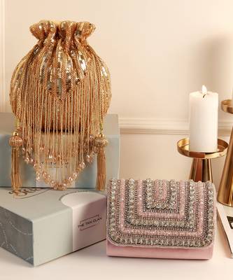 Gold twinkle potli and pink flap bag combo 1