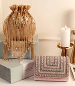 Gold twinkle potli and pink flap bag combo